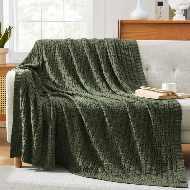 TREELY 100% Cotton Knitted Throw Blanket Couch Cover Blanket(60 x 80 Inches, Green Forest) - Image 2